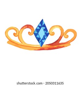 watercolor drawing of the golden crown of the monarchy,  dynasty with rust spots and blue stones, curlicues. Vector