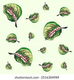 watercolor drawing of green and red leaves on a light green background. drawing of green and red large and small watercolor leaves on a light green background