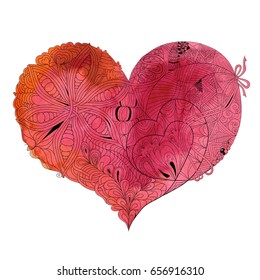 Watercolor drawing of the heart with a dark pattern painted on it