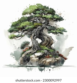 Watercolor Drawing isolated Spruce Pine Bonsai Tree with rock
