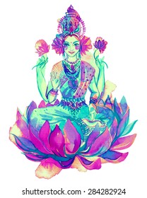 watercolor drawing of Lakshmi, a hindu goddess of wealth, love, and prosperity. Beautiful oriental woman sitting inside of a lotus flower, with four hands.vector  illustration with many ornaments. 