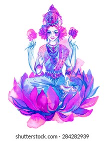 watercolor drawing of Lakshmi, a hindu goddess of wealth, love, and prosperity. Beautiful oriental woman sitting inside of a lotus flower, with four hands.vector  illustration with many ornaments. 