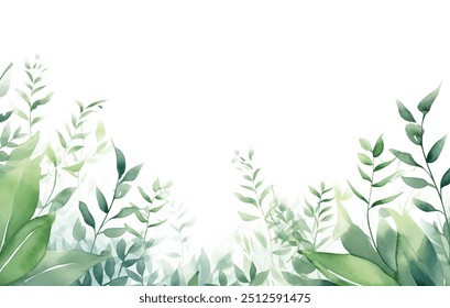 Watercolor drawing of lush green foliage. Natural composition of variety of leaves and branches, touch of rustic charm vector design. Spring-inspired aesthetic background, wallpaper