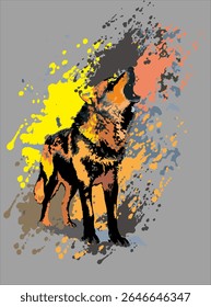 desenho em aquarela de um majestoso lobo uivando contra um fundo colorido de pintura splotch

