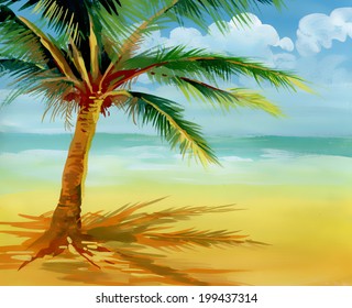 Watercolor drawing of a palm tree on sand vector