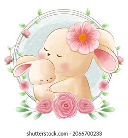 Watercolor drawing with a picture of a cute rabbit in flowers  illustration Isolated on white background, for cover book, print, baby shower, nursery decorations, birthday invitations, poster, greetin