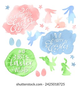 Watercolor drawing of a rabbit, flowers, egg and typography, Cute hand drawn and beautiful vector illustration. 