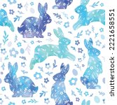 Watercolor drawing of a rabbit, flowers, eggs. Gentle beautiful vector illustration. Blue seamless pattern for fabric, wrapping paper, and wallpaper.