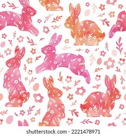 Watercolor drawing of a rabbit, flowers, eggs. Gentle beautiful vector illustration. Orange seamless pattern for fabric, wrapping paper, and wallpaper.