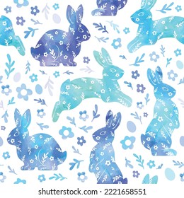 Watercolor drawing of a rabbit, flowers, eggs. Gentle beautiful vector illustration. Blue seamless pattern for fabric, wrapping paper, and wallpaper.