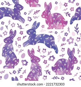 Watercolor drawing of a rabbit, flowers, eggs. Gentle beautiful vector illustration. Purple seamless pattern for fabric, wrapping paper, and wallpaper.