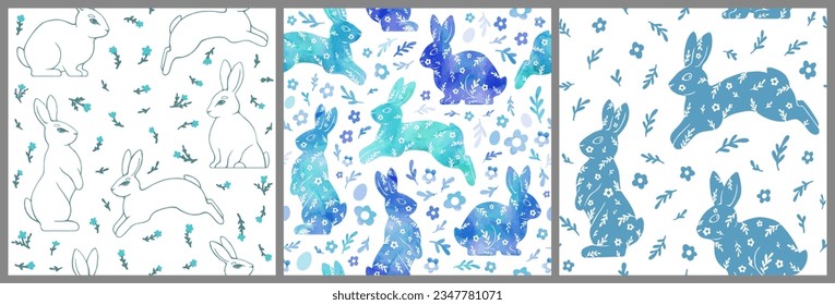 Watercolor drawing of a rabbit, flowers, and eggs. Gentle beautiful vector illustration. Set of seamless patterns for Happy Easter.