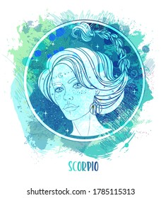 Watercolor drawing of Scorpio astrological sign as a beautiful girl over paining. Zodiac vector illustration isolated on white. Future telling, horoscope, alchemy, fashion woman.