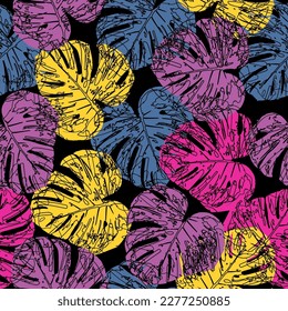 watercolor drawing. seamless pattern with tropical leaves of palm, monstera, banana, eucalyptus. Seamless pattern with tropical leaves. 
