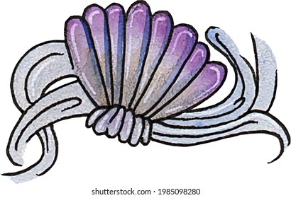 Watercolor drawing of a seashell on a sea wave translated into vector on a transparent background.