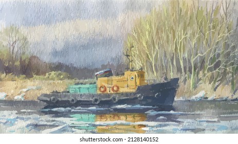 Watercolor drawing of spring landscape with motor boat going among ice floes along river bank