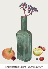 Watercolor drawing still  life and chokeberry twig in green glass bottle  ripe apples   cerry berries