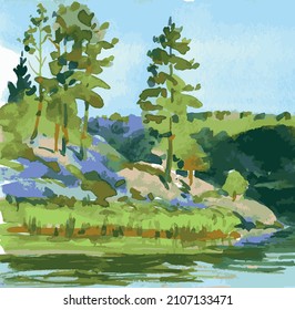 Watercolor drawing of summer landscape with trees by riverside on sunny day