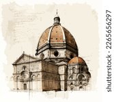 Watercolor drawing of Top aerial panoramic view of Florence city with Duomo Cattedrale di Santa Maria del Fiore cathedral, , Tuscany, Italy