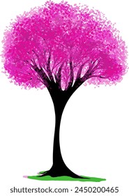 watercolor drawing of tree with pink leaf on white background. Vector illustration