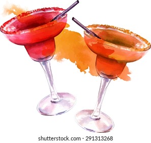 A watercolor drawing of two Margarita cocktails (a strawberry and a tamarind one) with a watercolor splash, scalable vector graphic