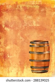 A watercolor drawing of a wine barrel on a golden artistic background with a place for text, scalable vector graphic