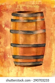 A watercolor drawing of a wine barrel on a golden artistic background, scalable vector graphic