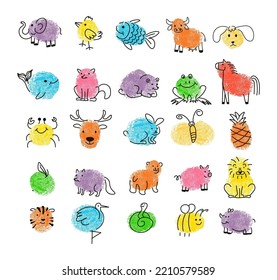 Watercolor drawings of animals and plants, isolated fish and elephant, chicken and bull, dog and crab. Deer and whale, cat and frog, lion and bee, crane and pineapple fruit. Vector in flat style