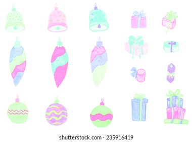 Watercolor drawings for Christmas and New Year, Tree decoration and gift boxes as design elements.