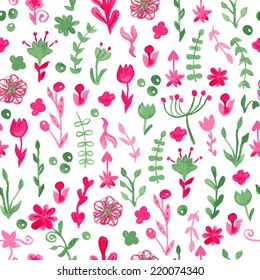 Watercolor drawings seamless pattern with cute flowers and plants. Vector illustration for wallpapers, scrapbooking, textile or wrapping design.