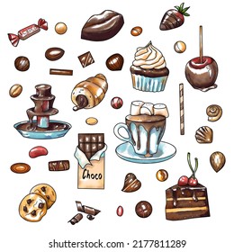 watercolor drawings, a set of chocolate sweets croissant, cake, chocolate, cookies, chocolate fountain, apple and chocolate covered strawberries