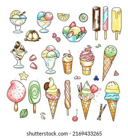 watercolor drawings, a set of ice cream ice cream in a waffle cup, in a cone, in a bowl, on a stick