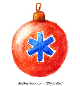 Watercolor drawn red vintage christmas bauble with snowflake