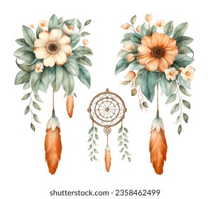 Watercolor dream catcher. Floral Tribal Collection - Perfect for Weeding, Tribal, Celebration, Events, Valentine's, Mother's day and many more