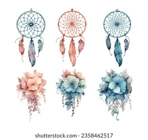 Watercolor dream catcher. Floral Tribal Collection - Perfect for Weeding, Tribal, Celebration, Events, Valentine's, Mother's day and many more