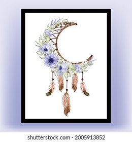 Watercolor dream catcher flower purple anemone feather