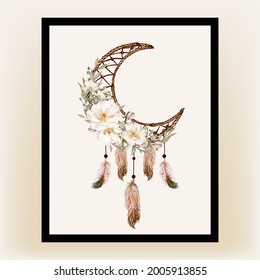 Watercolor dream catcher flower white magnolia feather