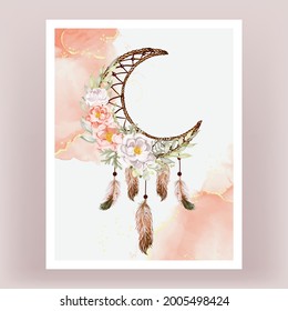 Watercolor dream catcher peonies orange white feather