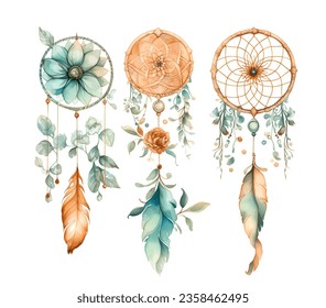 Watercolor dream catcher with pink flower. Dreamcatcher bouquet vector illustration