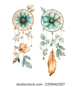 Watercolor dream catcher with pink flower. Dreamcatcher bouquet vector illustration