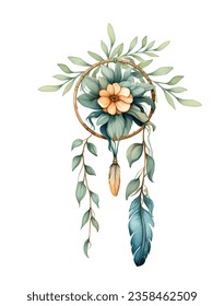 Watercolor dream catcher with pink flower. Dreamcatcher bouquet vector illustration