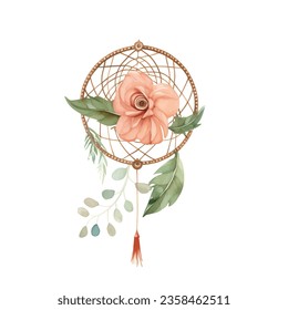 Watercolor dream catcher with pink flower. Dreamcatcher bouquet vector illustration