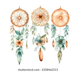 Watercolor dream catcher with pink flower. Dreamcatcher bouquet vector illustration