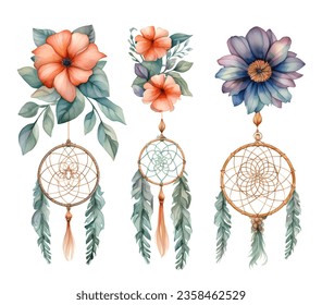 Watercolor dream catcher with pink flower. Dreamcatcher bouquet vector illustration