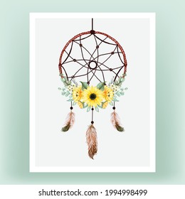 Watercolor dream catcher with sunflower and feather