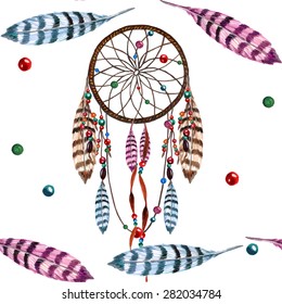 Watercolor Dreamcatcher, Feather & Bead seamless pattern on white background. Watercolor Boho Style texture. Cloth design. Brown, Grey, Pink & White vector backdrop. 