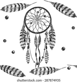 Watercolor Dreamcatcher, Feather & Bead seamless pattern on white background. Watercolor Boho Style texture. Cloth design. Black & White style vector backdrop.