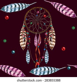 Watercolor Dreamcatcher, Feather, Ribbon & Bead seamless pattern on dark bordo background. Watercolor Boho Style texture. Cloth design. Brown, Grey, Red, Black & Bordo vector backdrop.