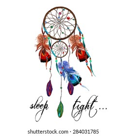 Watercolor Dreamcatcher, Feathers, Banded Agate Cabochons & Beaded Ribbons, isolated on white background. Vector Element for your design. Hand drawn illustration. 