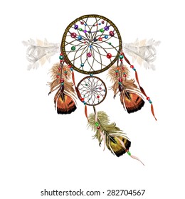 Watercolor Dreamcatcher, Feathers & Beaded Ribbons, isolated on white background. Vector Element for your design. Hand drawn illustration. 